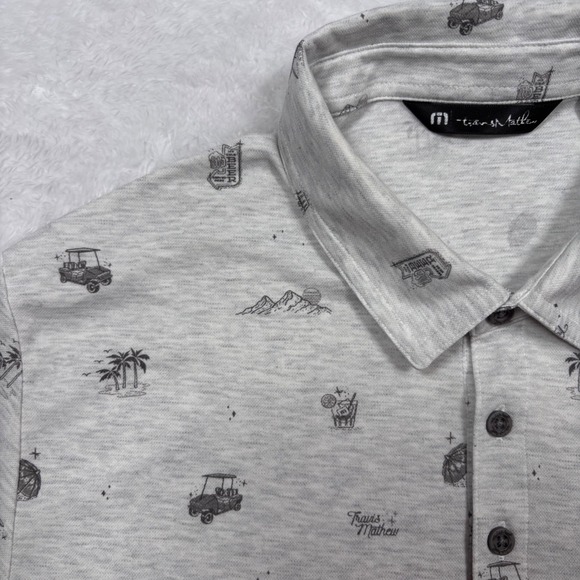 Travis Mathew Polo Men XL (FIT M) Gray Stolen Time Tropical Golf Cart Ridglea - Picture 2 of 13